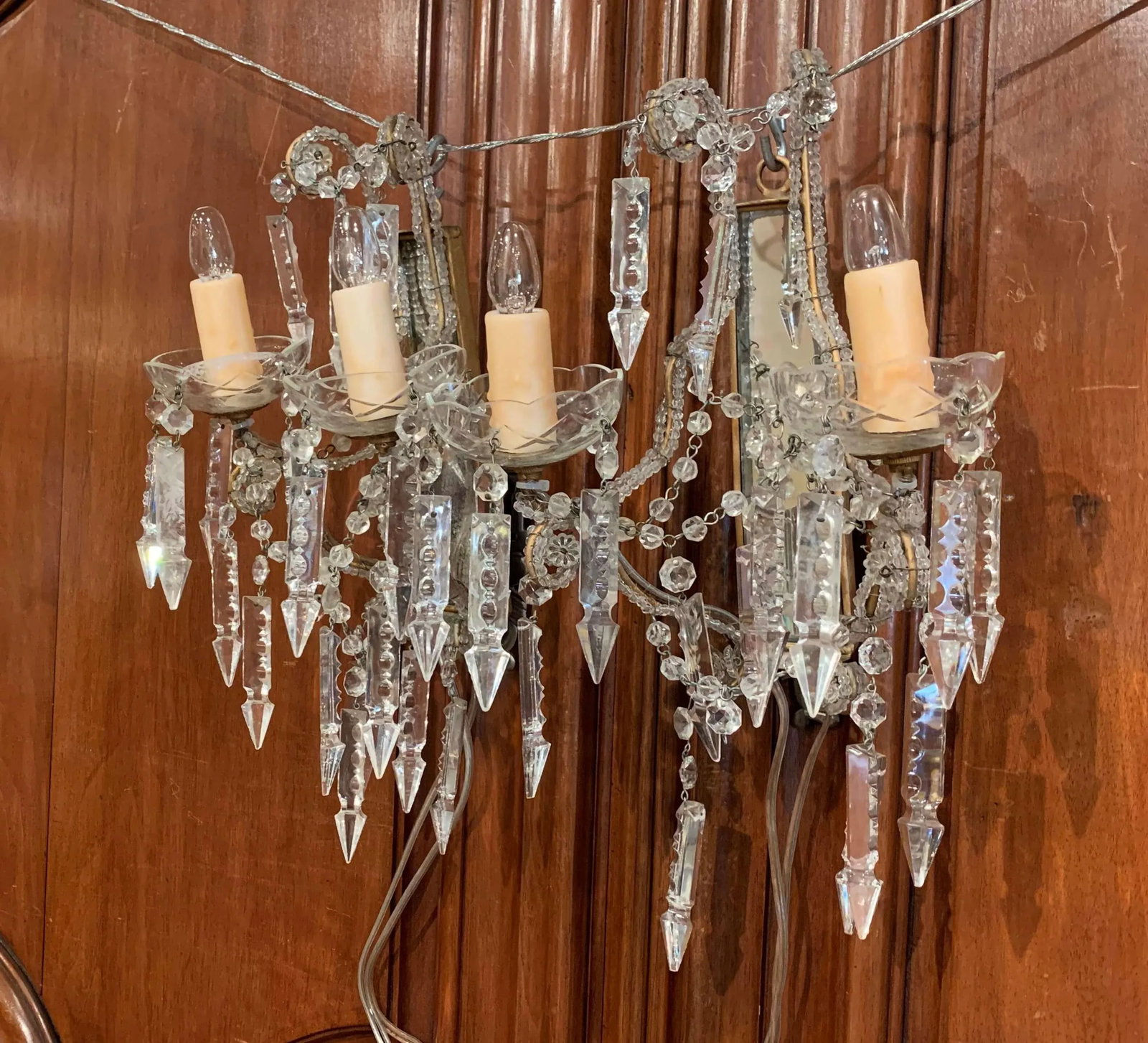 Early 20th Century Italian Crystal and Cut Glass Two-Light Wall Sconces - a Pair - 6