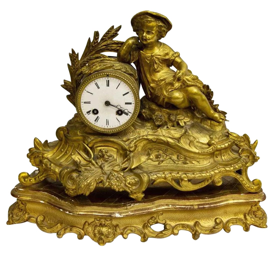 19th Century French Gilded Mantle Clock on Carved Giltwood Stand (1 of 6)
