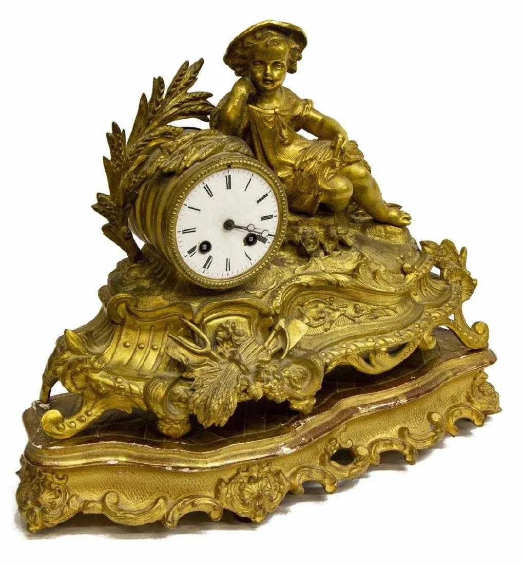 19th Century French Gilded Mantle Clock on Carved Giltwood Stand - 2