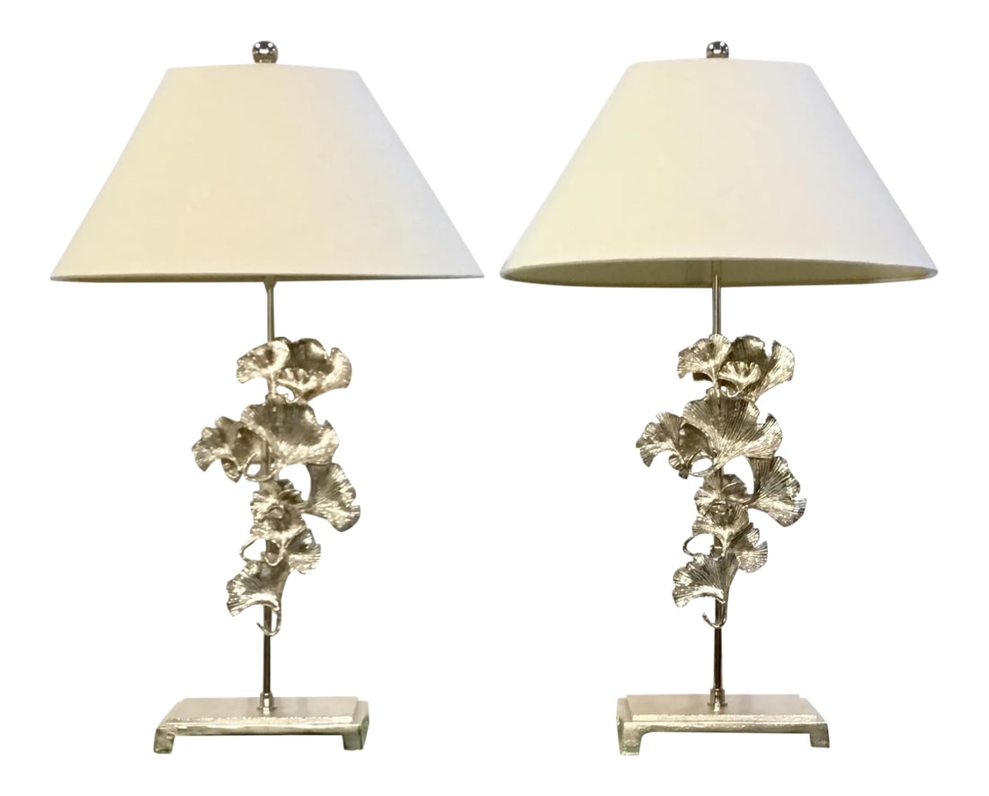 Modern Falling Ginkgos Polished Nickel Table Lamps Pair: Stylish Modern Falling Ginkgos Polished Nickel Table Lamps Pair, off-white linen style shades and complimentary ball finials, showroom floor samples, original retail $1900. Body Height: 24" Condition: