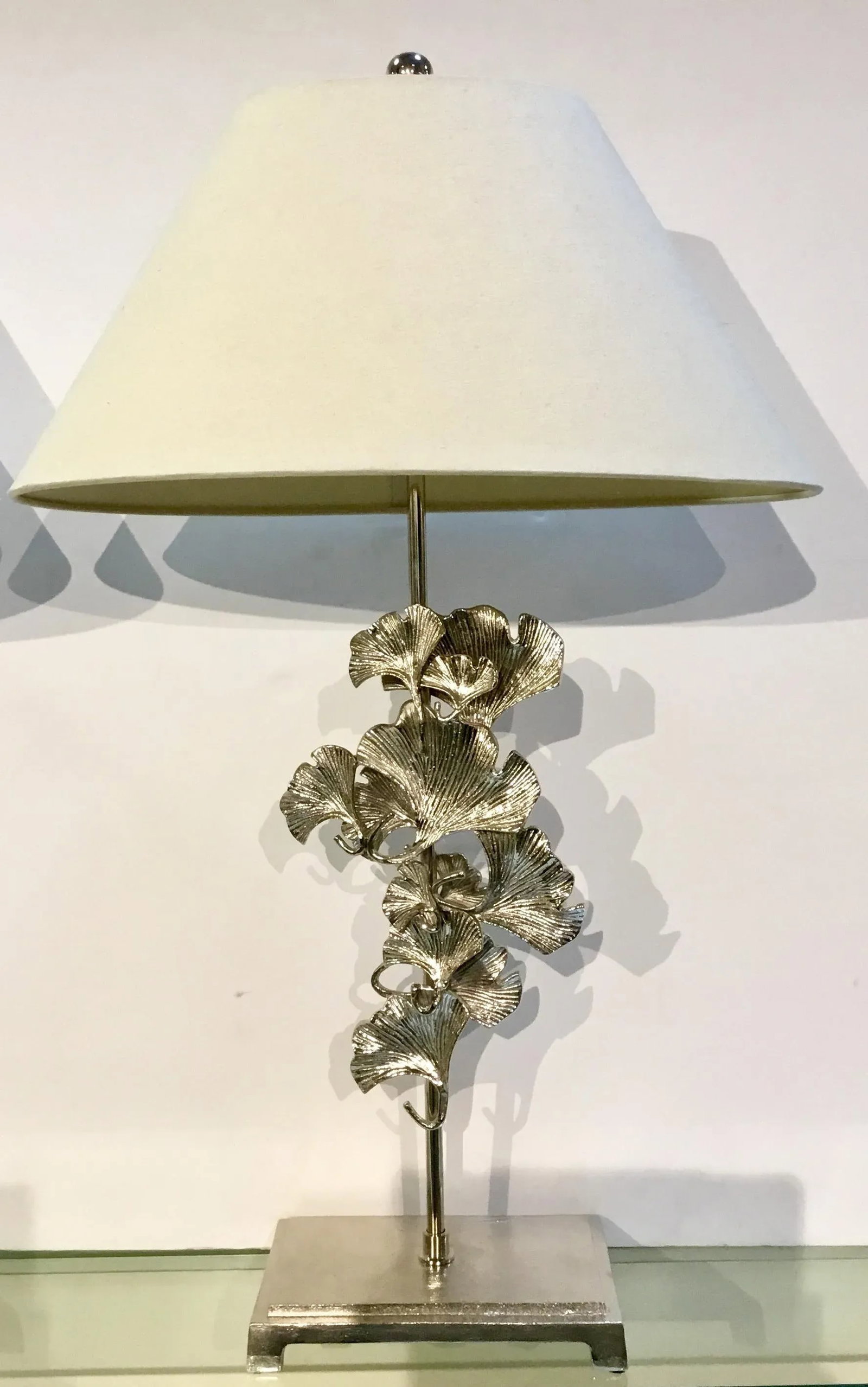 Modern Falling Ginkgos Polished Nickel Table Lamps Pair - 2