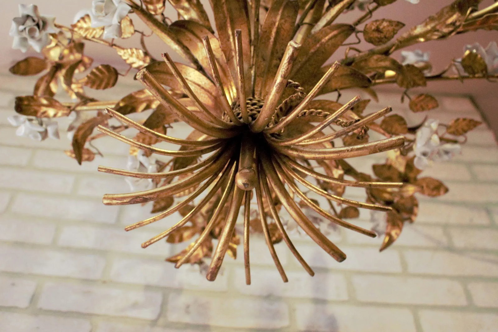 Hollywood Regency Italian Gold Gilded Tole White Roses Chandelier - 11