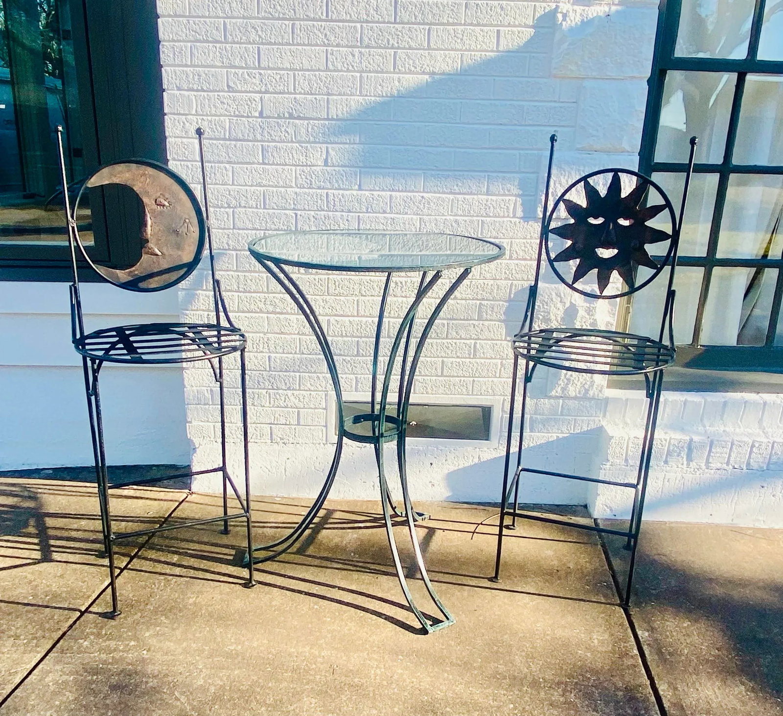 1990s Art Deco Mexican Wrought Iron Celestial Moon and Sun Table & 2 Barstools - 3