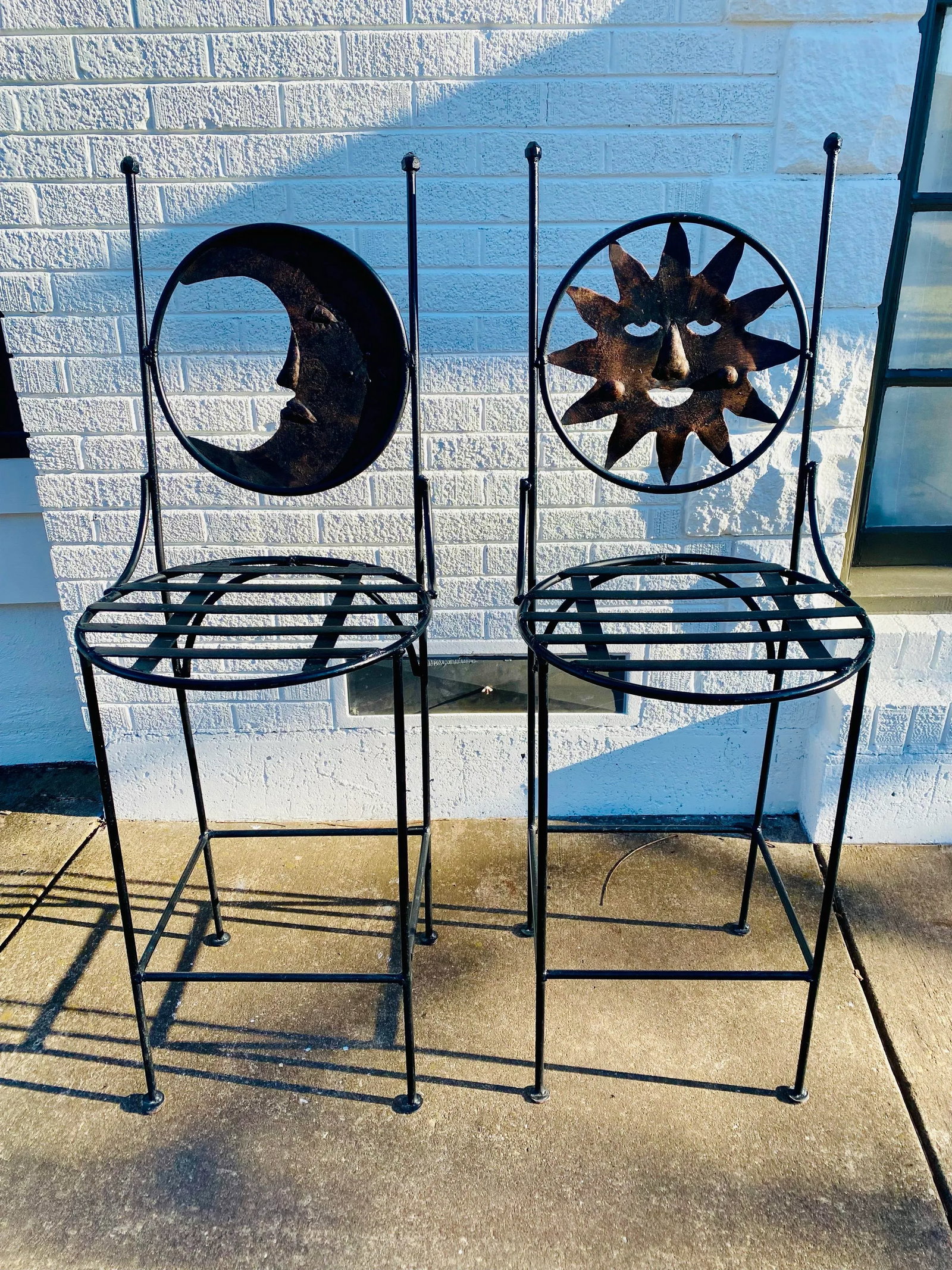 1990s Art Deco Mexican Wrought Iron Celestial Moon and Sun Table & 2 Barstools - 4