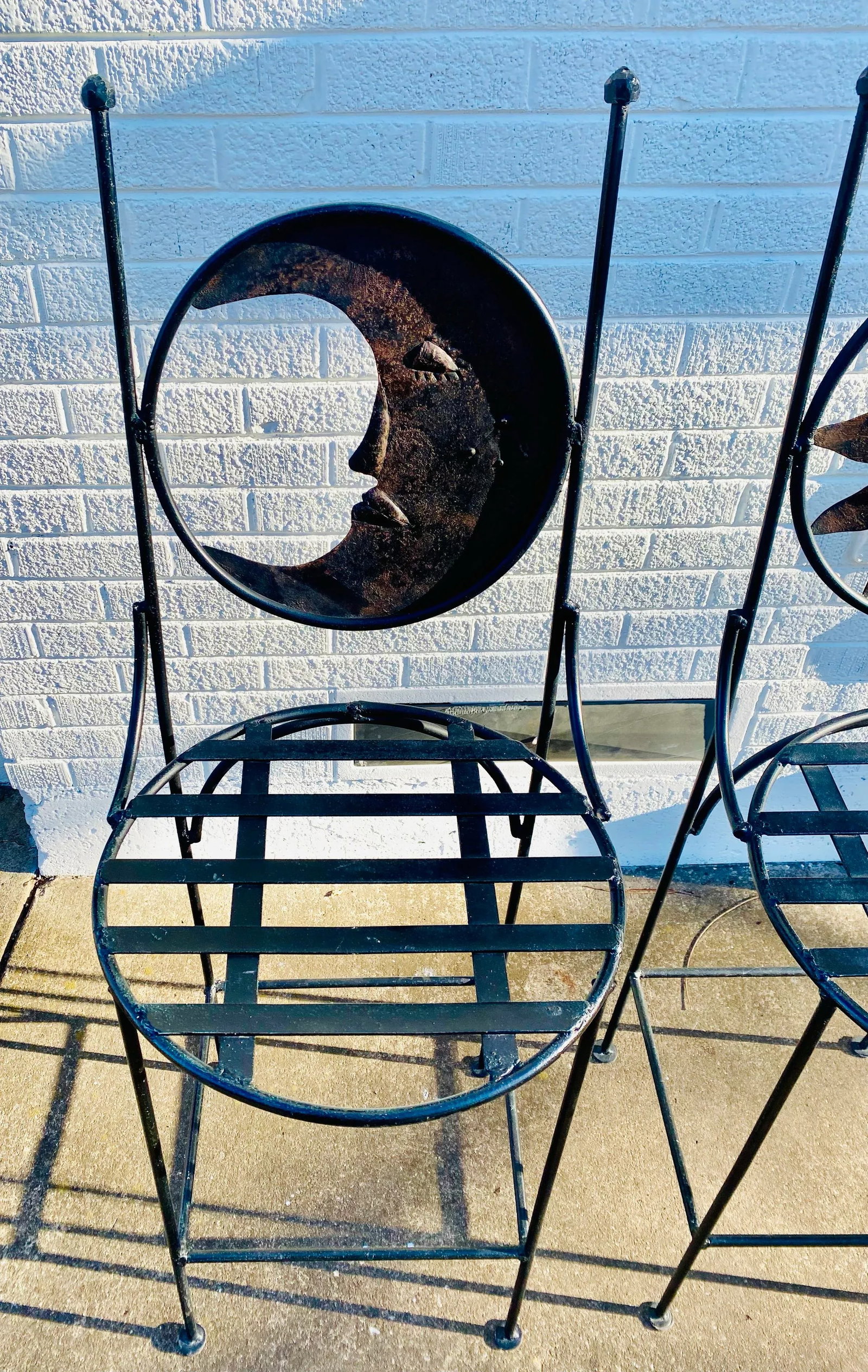 1990s Art Deco Mexican Wrought Iron Celestial Moon and Sun Table & 2 Barstools - 5