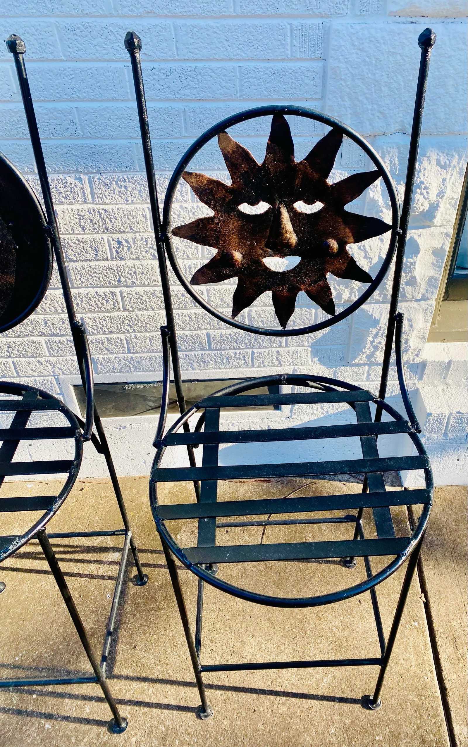 1990s Art Deco Mexican Wrought Iron Celestial Moon and Sun Table & 2 Barstools - 6