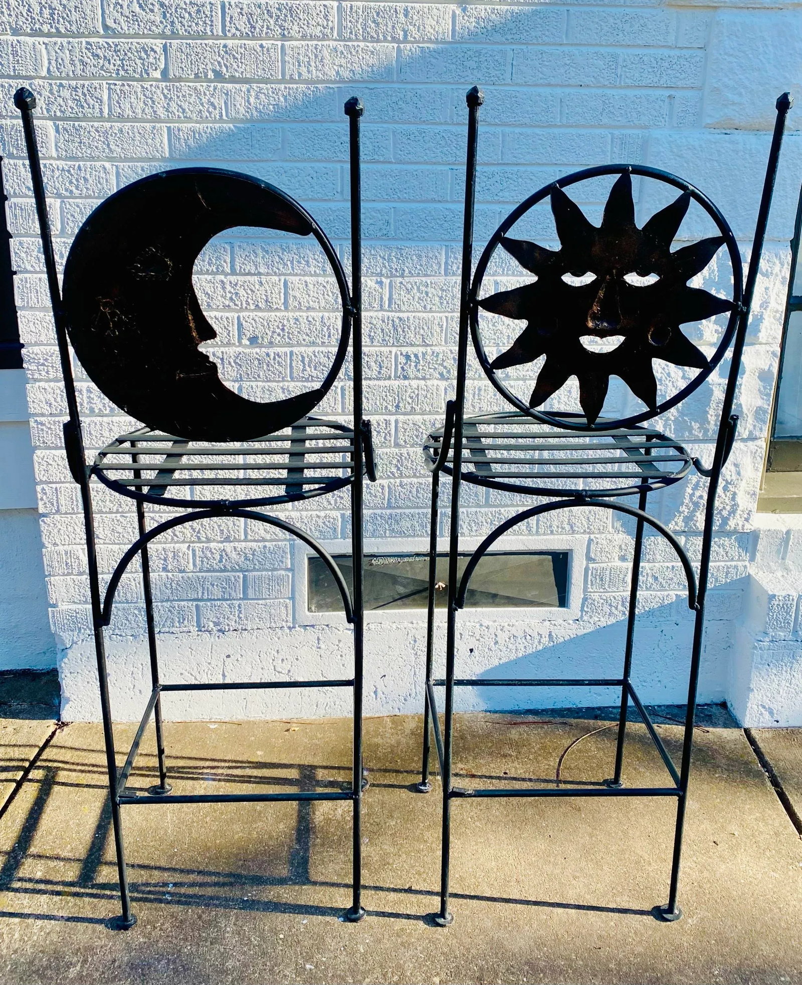 1990s Art Deco Mexican Wrought Iron Celestial Moon and Sun Table & 2 Barstools - 8