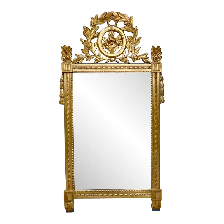 Carver's Guild French Provincial Trumeau Mirror With Grey/Blue Pier: This is a gorgeous mirror in person! A wreath of laurel leaves encircles a flower centered medallion at the crest of this lovely 18th Century French Provincial mirror. The sculpted corner blocks