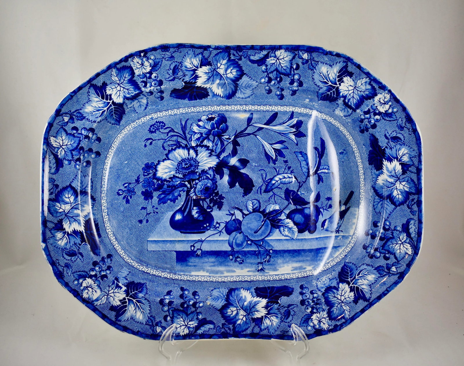 Early Clews Staffordshire Blue Transferware Well & Tree 'Coronation' Large Meat Platter - 13