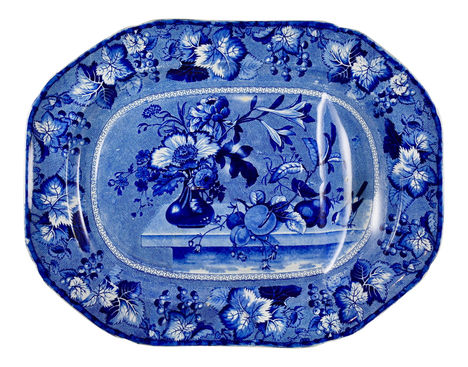 Early Clews Staffordshire Blue Transferware Well & Tree 'Coronation' Large Meat Platter: A monumental blue on white, stoneware Staffordshire 'Coronation' pattern, well and tree platter by Ralph & James Clews, 1814-1834, Cobridge, Staffordshire, England. A well-and-tree platter has a depre