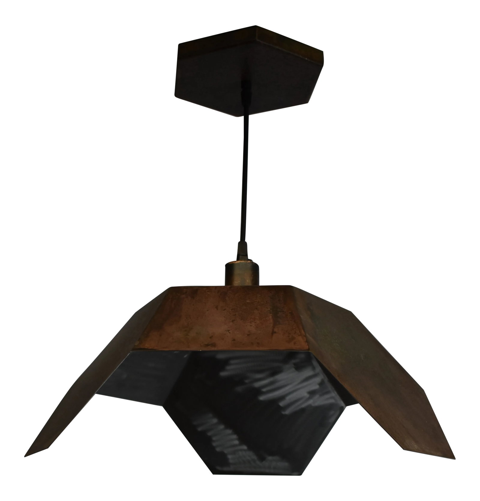 Oblik Studio Ceiling Antic Steel Pendant Light: This Geometrically inspired ceiling light pendant is designed and fabricated by Oblik studio in Brooklyn NY. The exterior is finished in antic patina finish. Light bulb not included. Includes