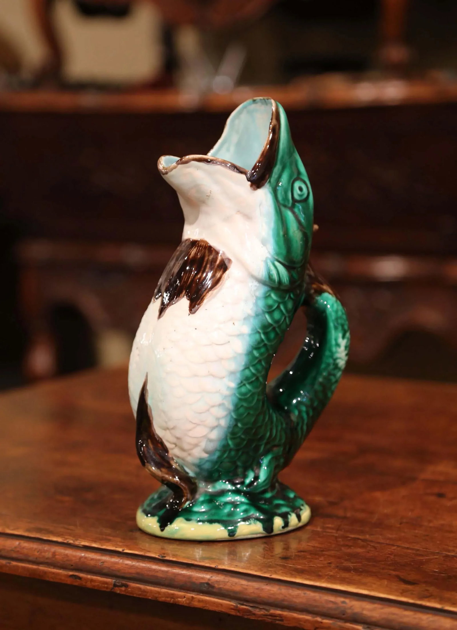 19th Century French Clairefontaine Painted Ceramic Barbotine Fish Pitcher - 2