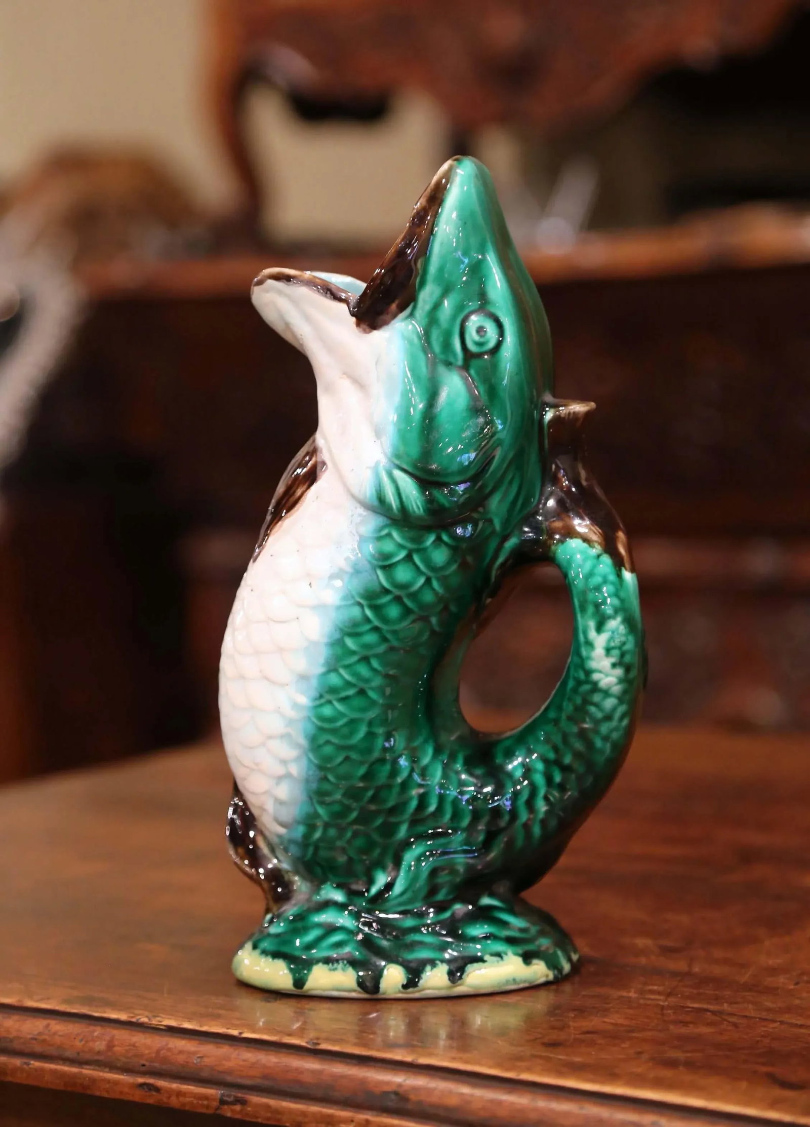 19th Century French Clairefontaine Painted Ceramic Barbotine Fish Pitcher - 4