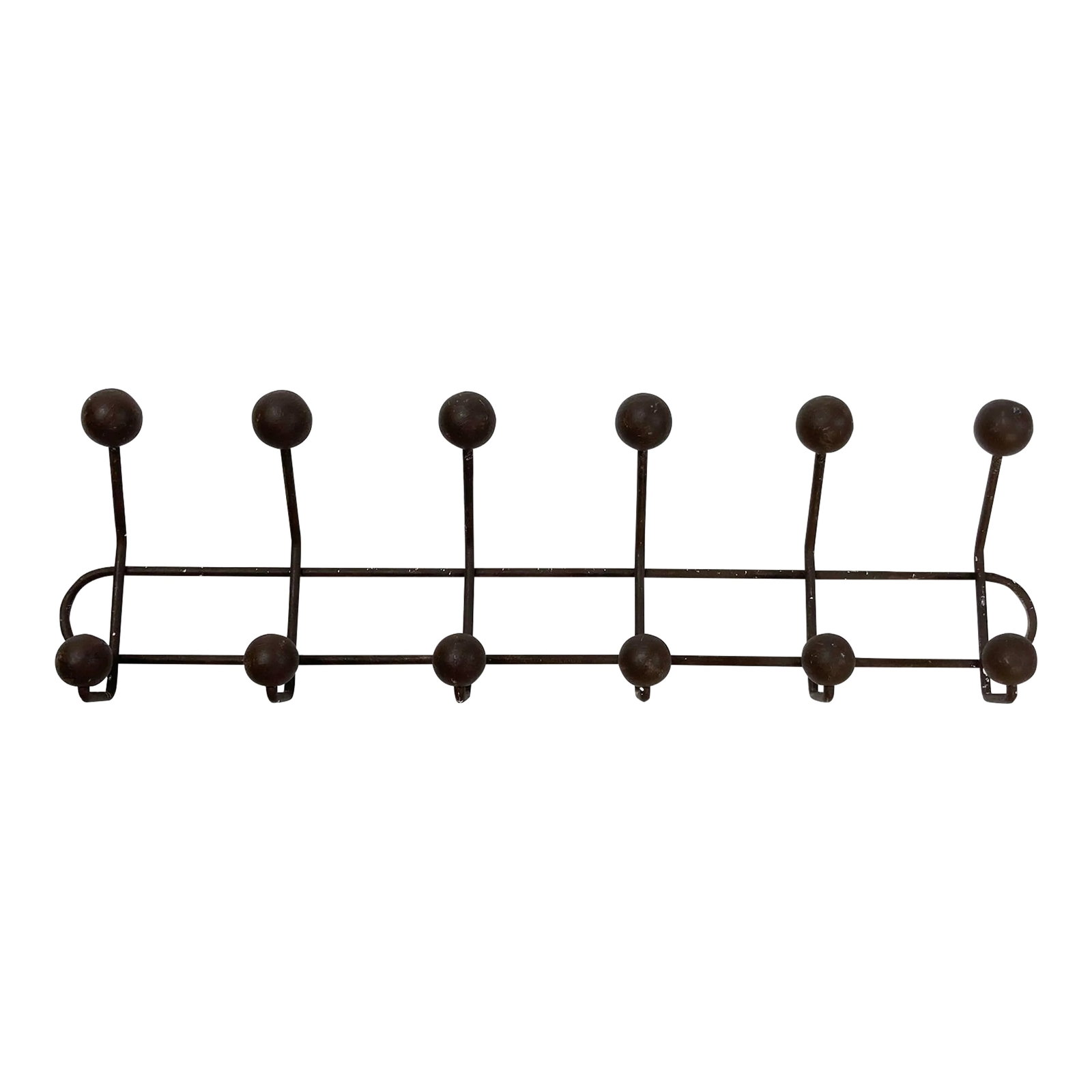 Vintage Iron and Wood Ball Wall Hook: Industrial style vintage twelve (12) ball wall hook. Solid iron structure with brown painted wood balls to cap hooks. Solid structure. Multiple coats of paint. Condition: Alterations: Original Conditi