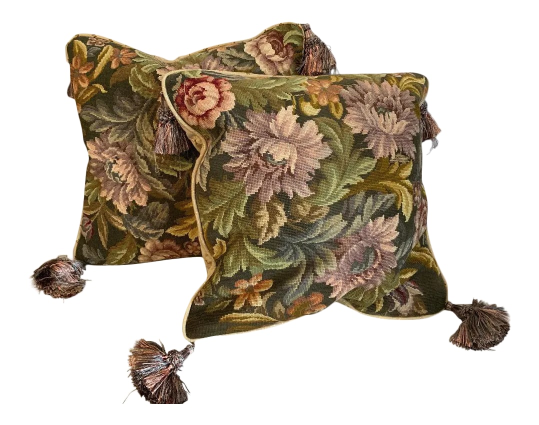 English Traditional Pillows Constructed of Antique Fabric - a Pair: Fine needlepoint from 19th century worked into pillows using period fabric and trims. Fine down insert with zipper for removal for cleaning Condition: Imperfections: No Imperfections Condition Notes: