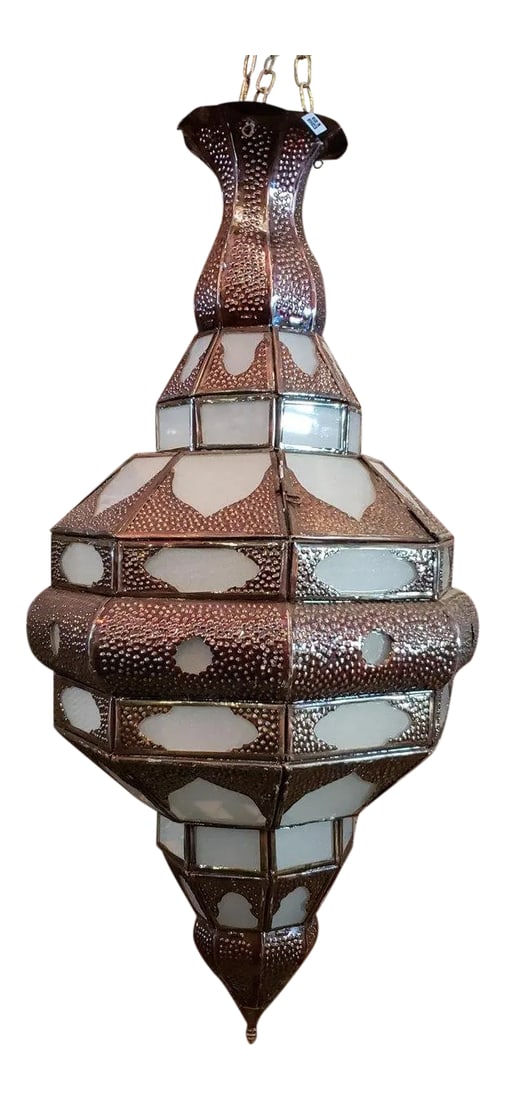 Moroccan El Makki Style Frosted White Glass Lantern: Handmade Moroccan glass lantern with frosty white stain glass and metal rustic frame, measuring around 24" in height and 10" in width. Very elegant, with lots of piercing in both top and bottom