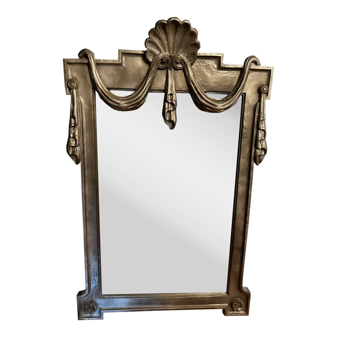 1980s Silver Painted Shell Draped Wall Mirror Style of Dorothy Draper: Hollywood Regency Flair with this silver painted draped shell wall mirror. Made of composite materials. Condition: Alterations: Original Condition Unaltered Imperfections: Some Imperfections