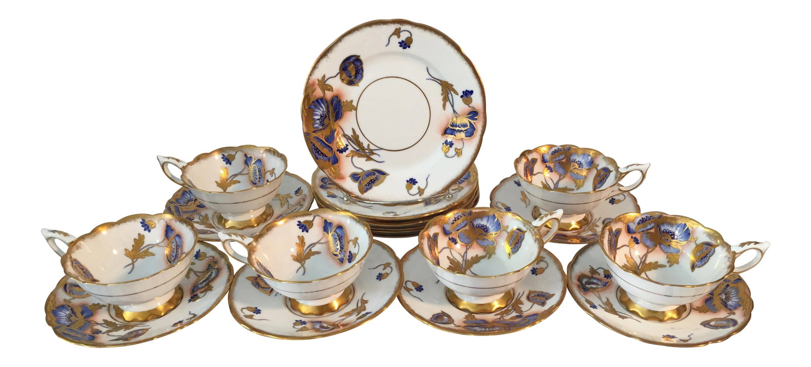 1940s Royal Stafford Tea and Dessert - Service of 6 ,18 Pieces: Royal Stafford bone china made in England set of 6 cups and saucers and 6 dessert plates. Numbered 8580 on the cups Ruffled edge on bottom of cups, beautiful hand painted flowers in cobalt and pink,
