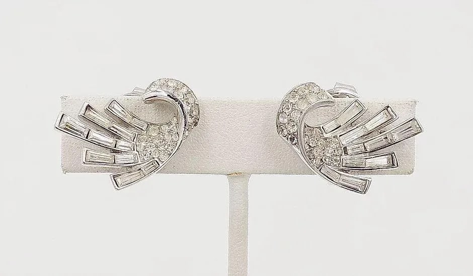 Vintage 1957 Crown Trifari Rhodium Plated Baguette Rhinestone Earrings - 2 Pieces - 2