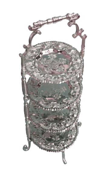 Late 20th Century Moroccan 4-Tier Silver-Tone Metal Tray: Hand-crafted and engraved Moroccan 4 tier tray with intricate floral pattern and ornate details. This gorgeous accent ships within 1-2 business days from purchase, and to be received within 2-4