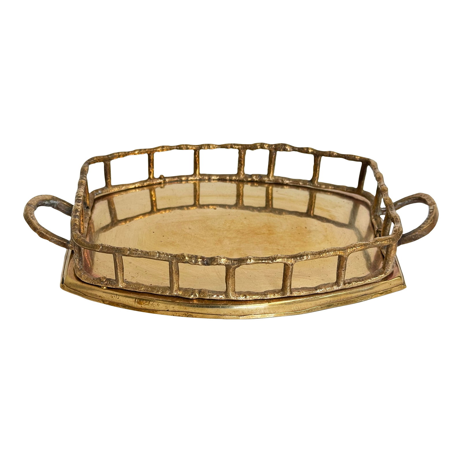 VIntage Brass Faux Bamboo Gallery Tray: Vintage rectangular brass gallery tray with a faux bamboo rail and handles to each end. Perfect for keys, make-up, or any catchall treasures. Lovely patina. Condition: Alterations: Original Condition 