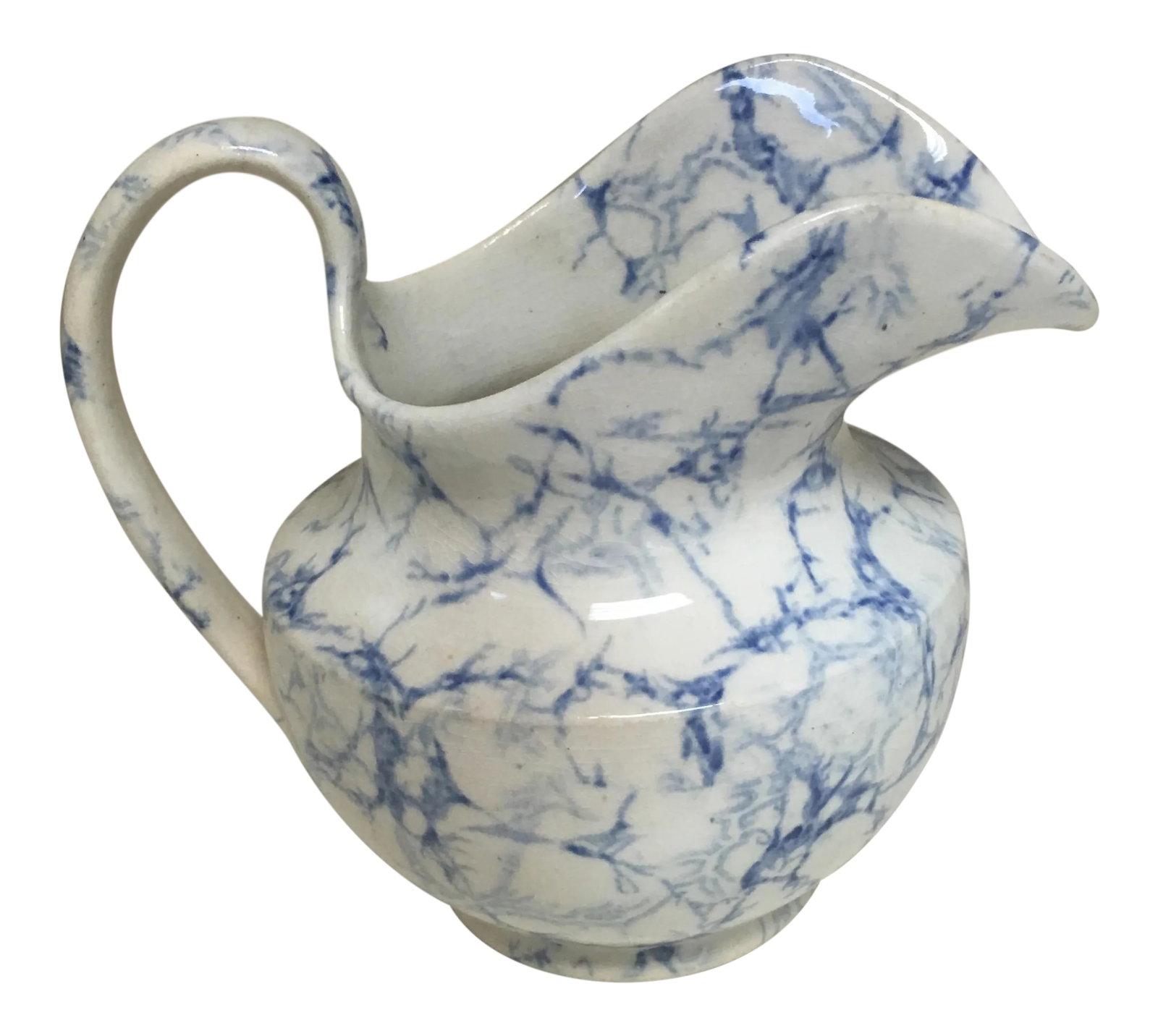 Antique Blue and White "Marble" Cream Pitcher: Antique English 1880 blue and white cream "Marble" pitcher. Condition: Alterations: Original Condition Unaltered Imperfections: Some Imperfections Condition Notes: Small firing crack at top handle