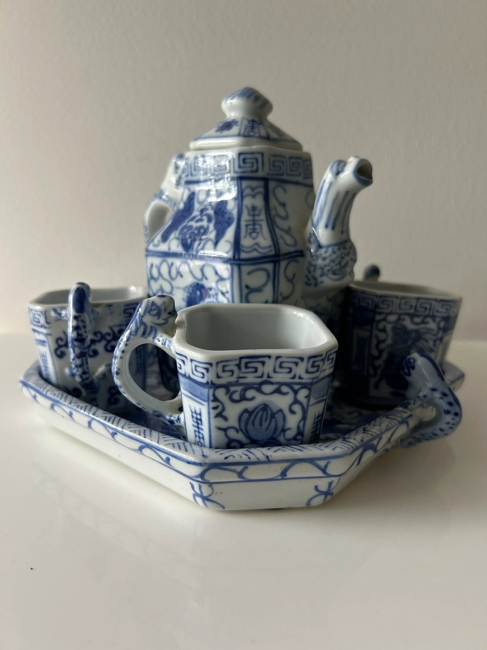 Vintage Porcelain Blue and White Chinese Dragon Tea Set- 6 Pieces - 11