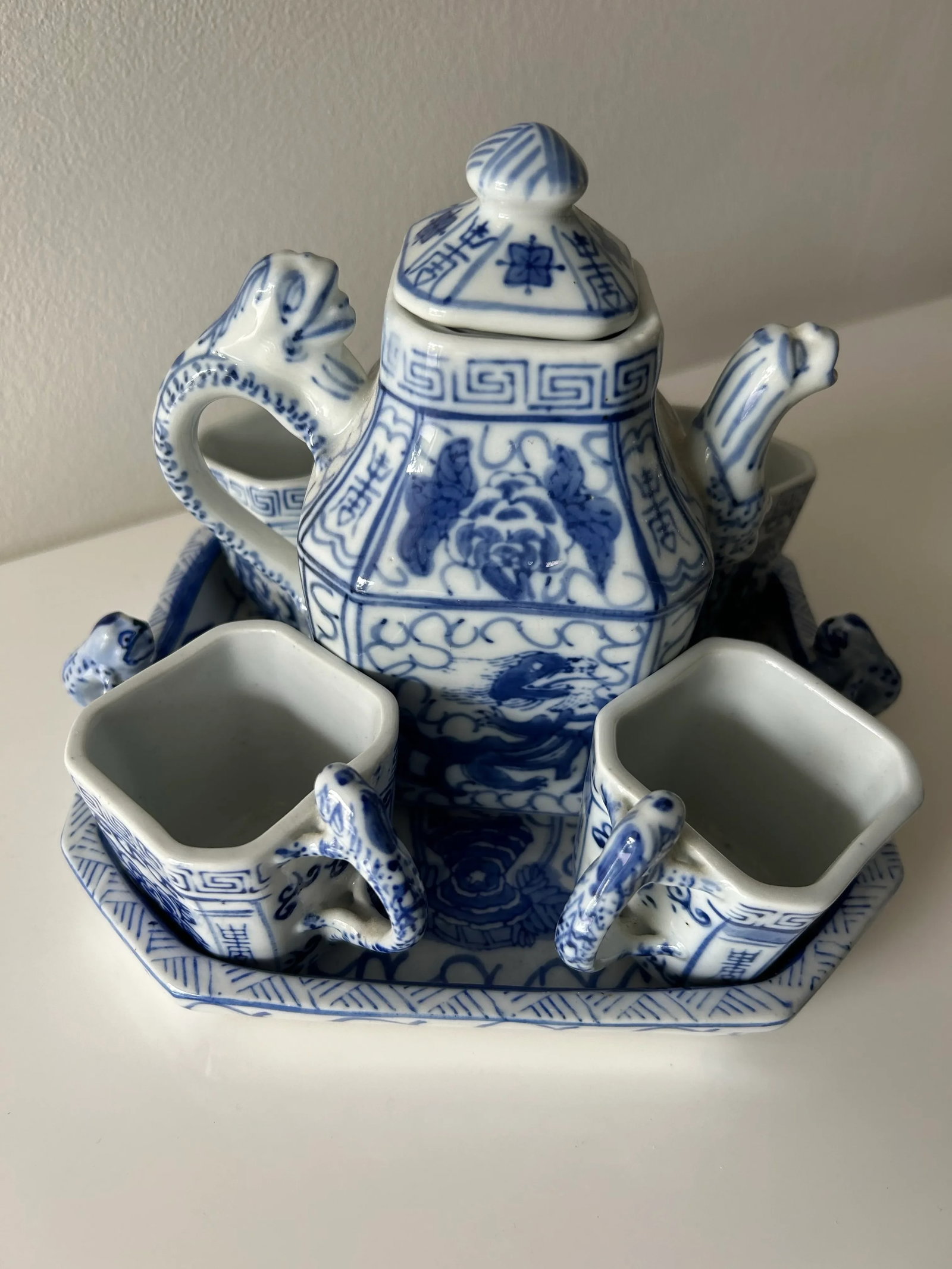 Vintage Porcelain Blue and White Chinese Dragon Tea Set- 6 Pieces - 2