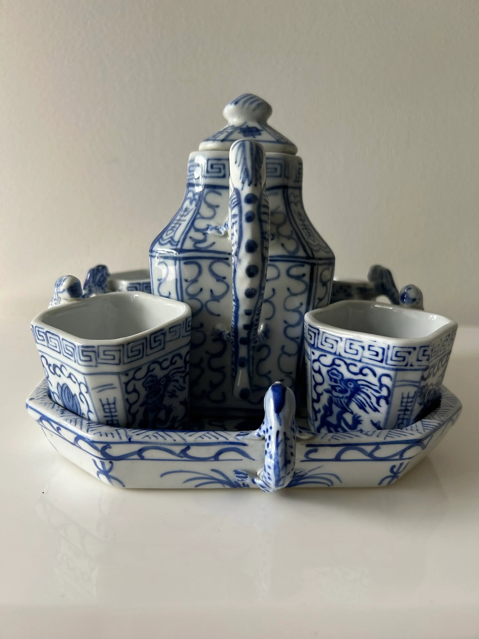 Vintage Porcelain Blue and White Chinese Dragon Tea Set- 6 Pieces - 3