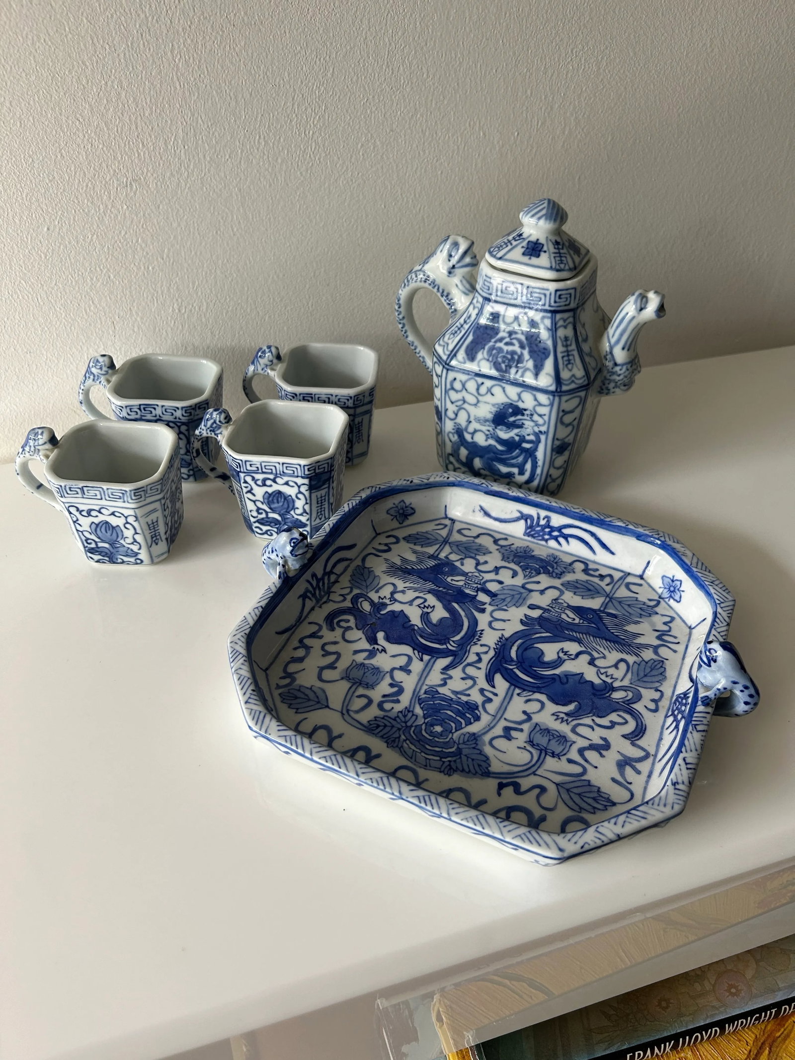 Vintage Porcelain Blue and White Chinese Dragon Tea Set- 6 Pieces - 4
