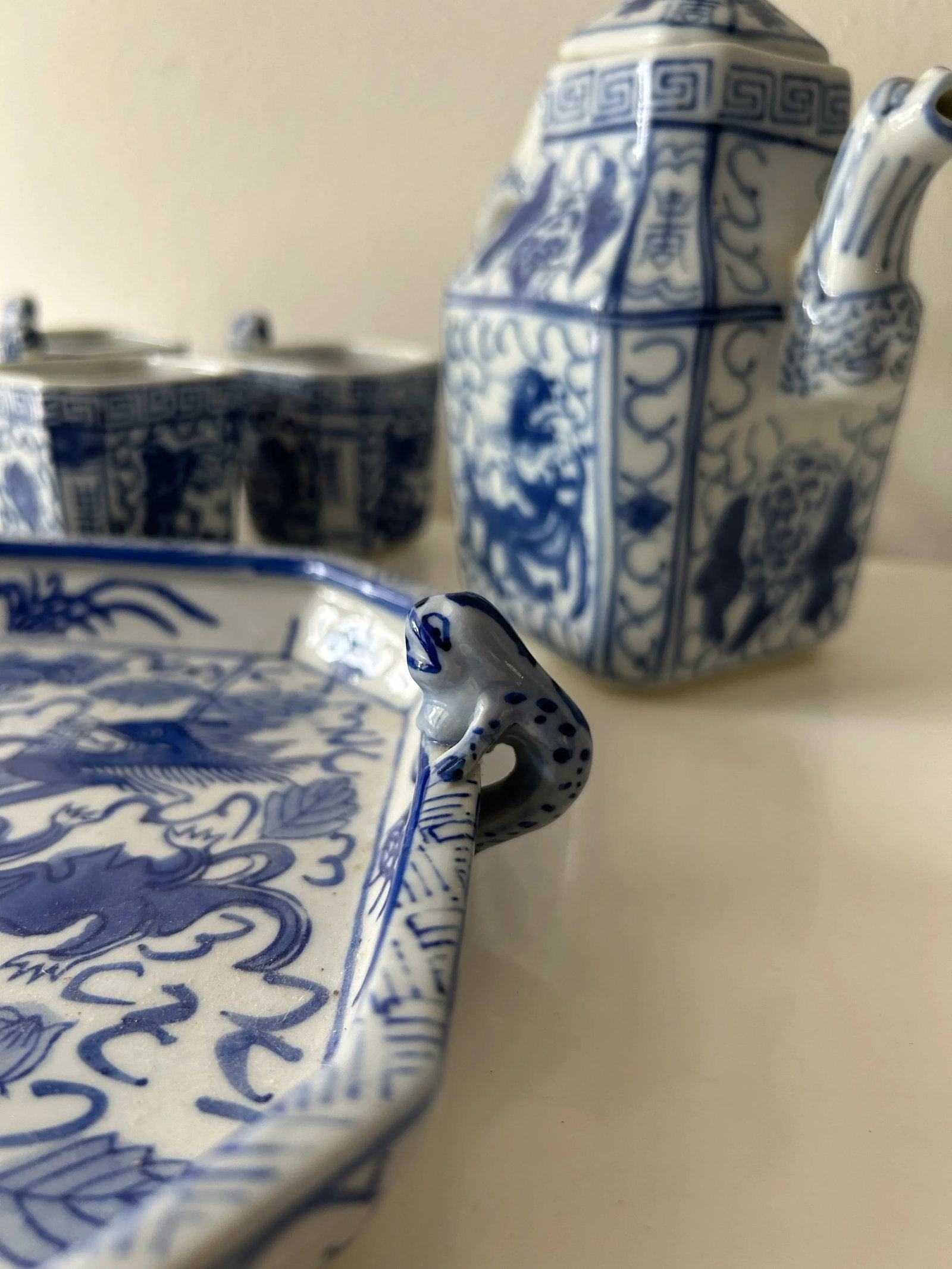 Vintage Porcelain Blue and White Chinese Dragon Tea Set- 6 Pieces - 6