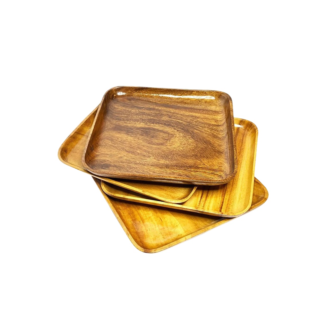 1940s Large Mid Century Modern Wood Plates - Set of 4: Vintage set of 4 large mid-century modern wood plates. This beautiful set includes four square plates with rounded corners and lipped edges. The clean and simple shape extenuates the beautiful teak wo