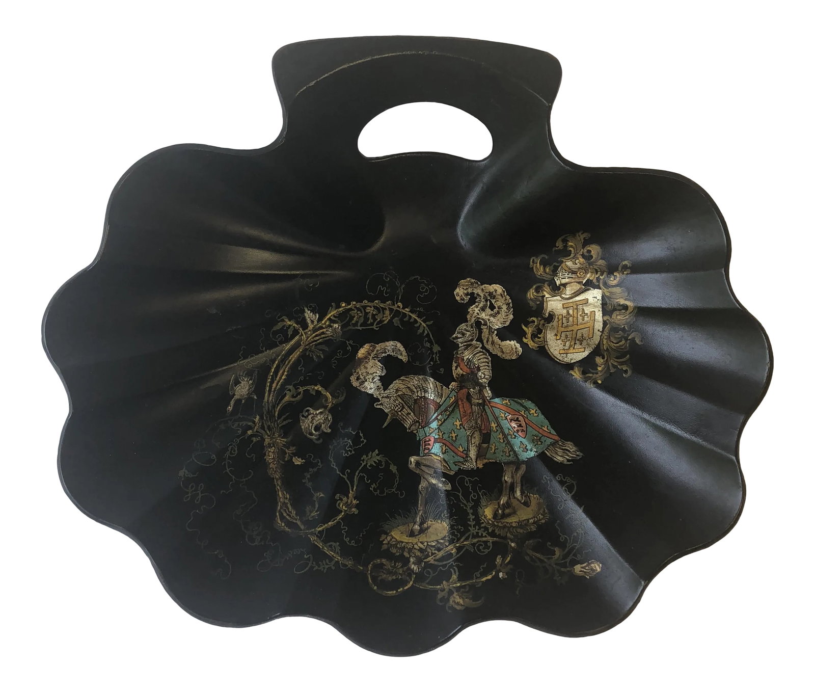 1940s Traditional Black Paper Mache Lacquered Knight & Shield Tray (1 of 8)