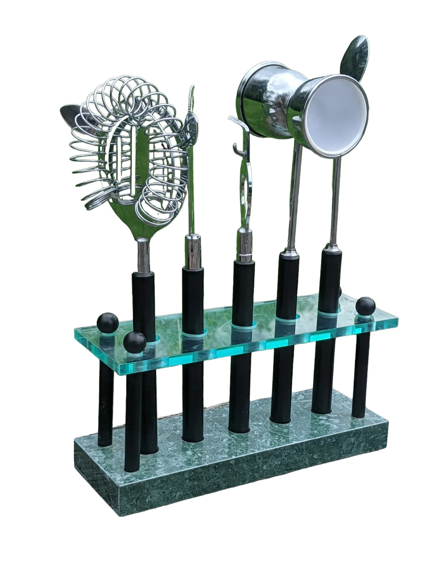 Vintage Postmodern Lucite and Faux Malachite Cocktail Bar Tools- Set of 5 - 2