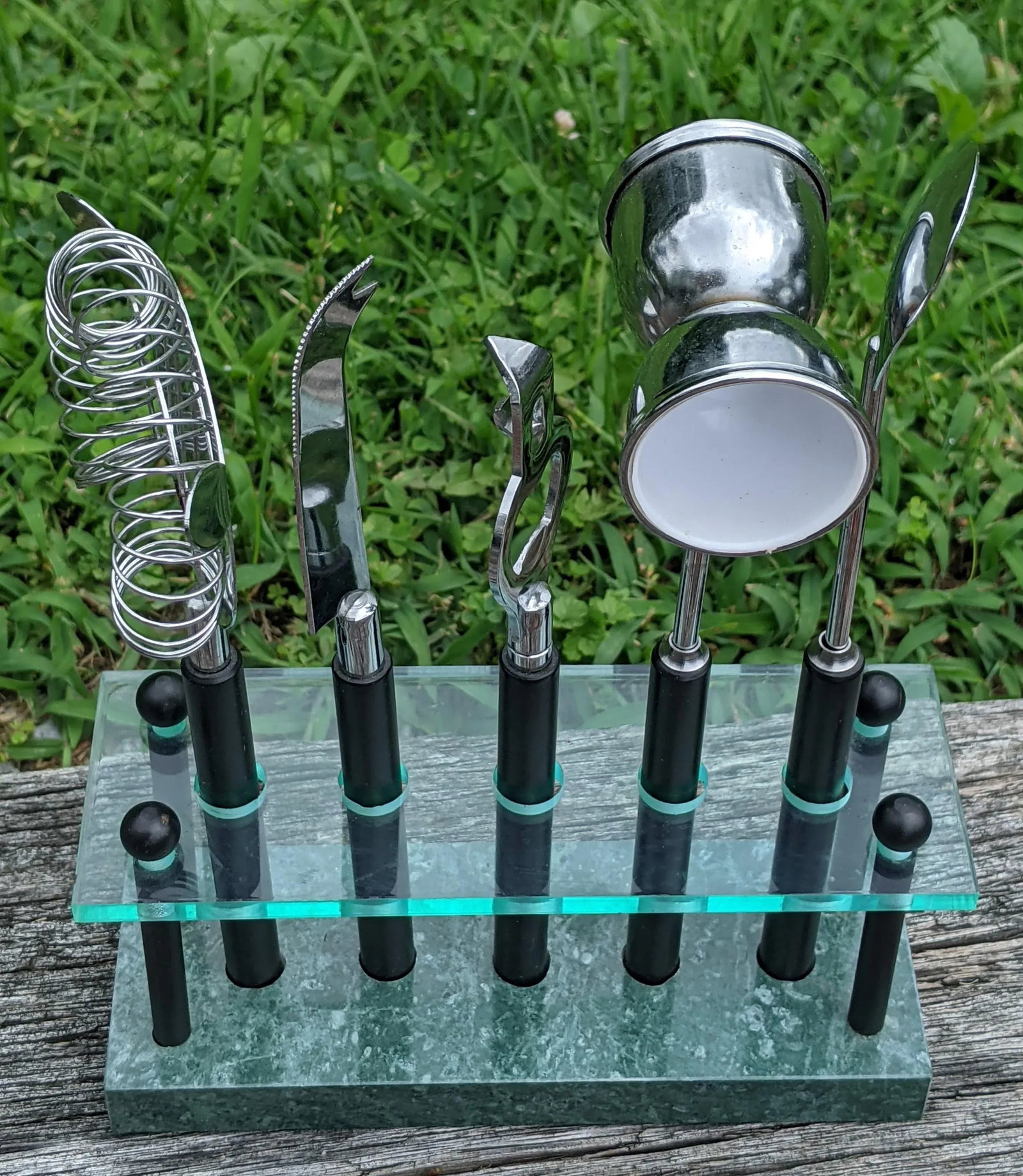 Vintage Postmodern Lucite and Faux Malachite Cocktail Bar Tools- Set of 5 - 5
