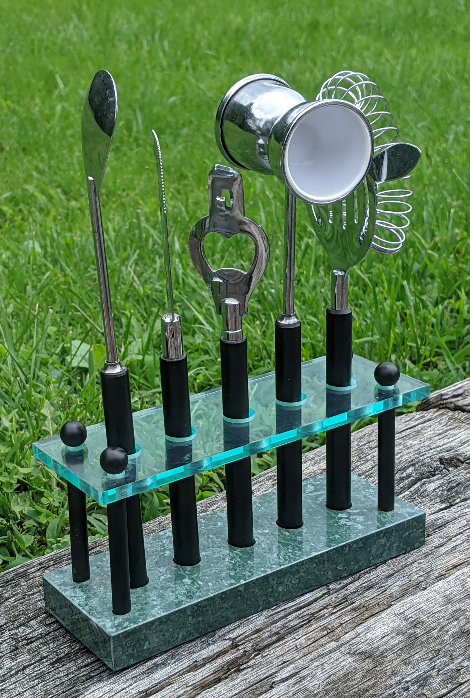 Vintage Postmodern Lucite and Faux Malachite Cocktail Bar Tools- Set of 5 - 6