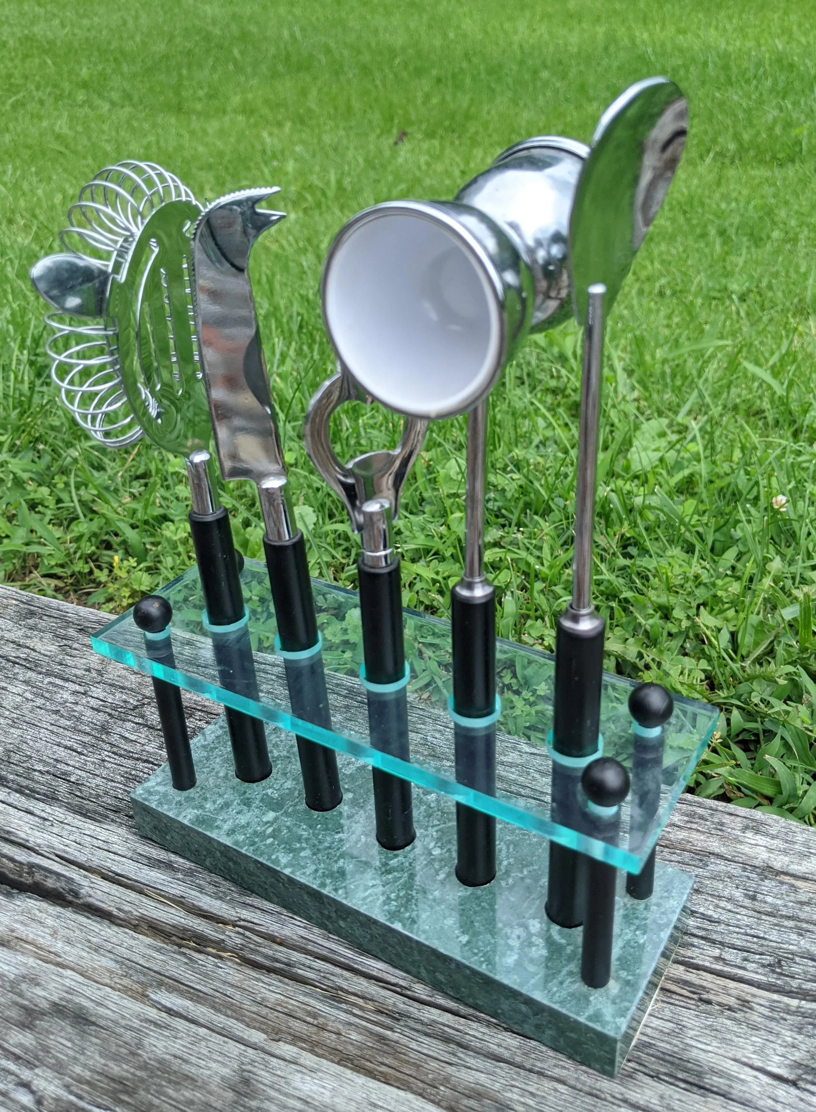 Vintage Postmodern Lucite and Faux Malachite Cocktail Bar Tools- Set of 5 - 7