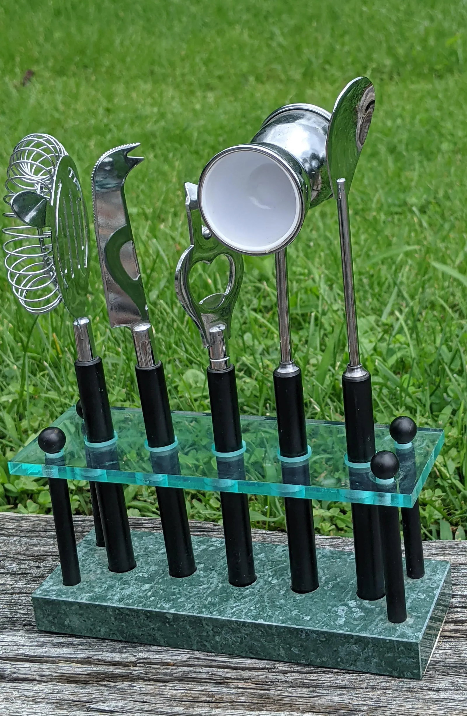 Vintage Postmodern Lucite and Faux Malachite Cocktail Bar Tools- Set of 5 - 9