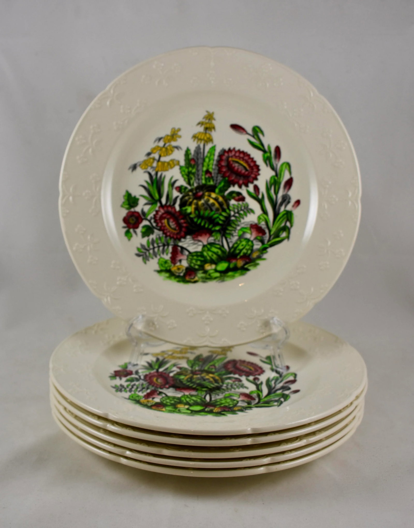 Copeland Spode English Transferware Cactus Flower Dinner Plates- Set of 6 - 11