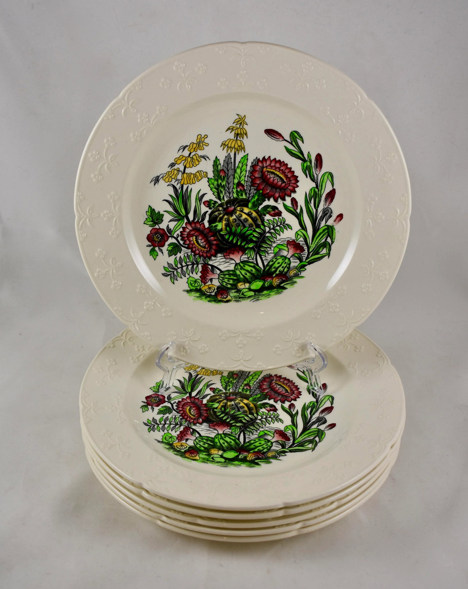 Copeland Spode English Transferware Cactus Flower Dinner Plates- Set of 6 - 7