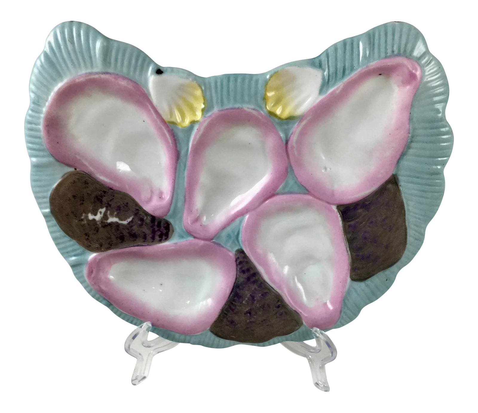 French Porcelain Half Moon Pink Shell on Baby Blue Oyster Plate: A late 19th Century, French porcelain, crescent or half-moon shaped oyster plate, five pink blush oyster wells on a baby blue ground. Shown behind the main wells are the brown glazed backs of three