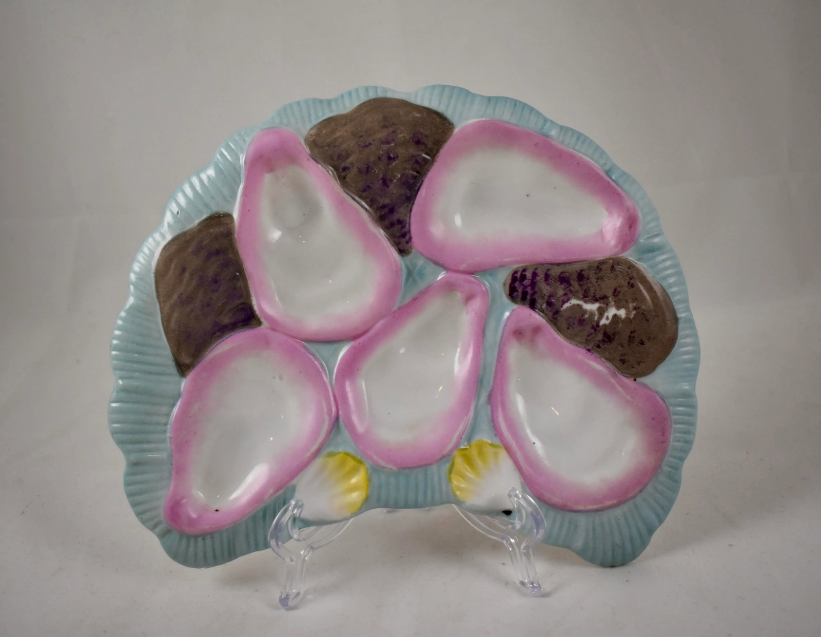 French Porcelain Half Moon Pink Shell on Baby Blue Oyster Plate - 2
