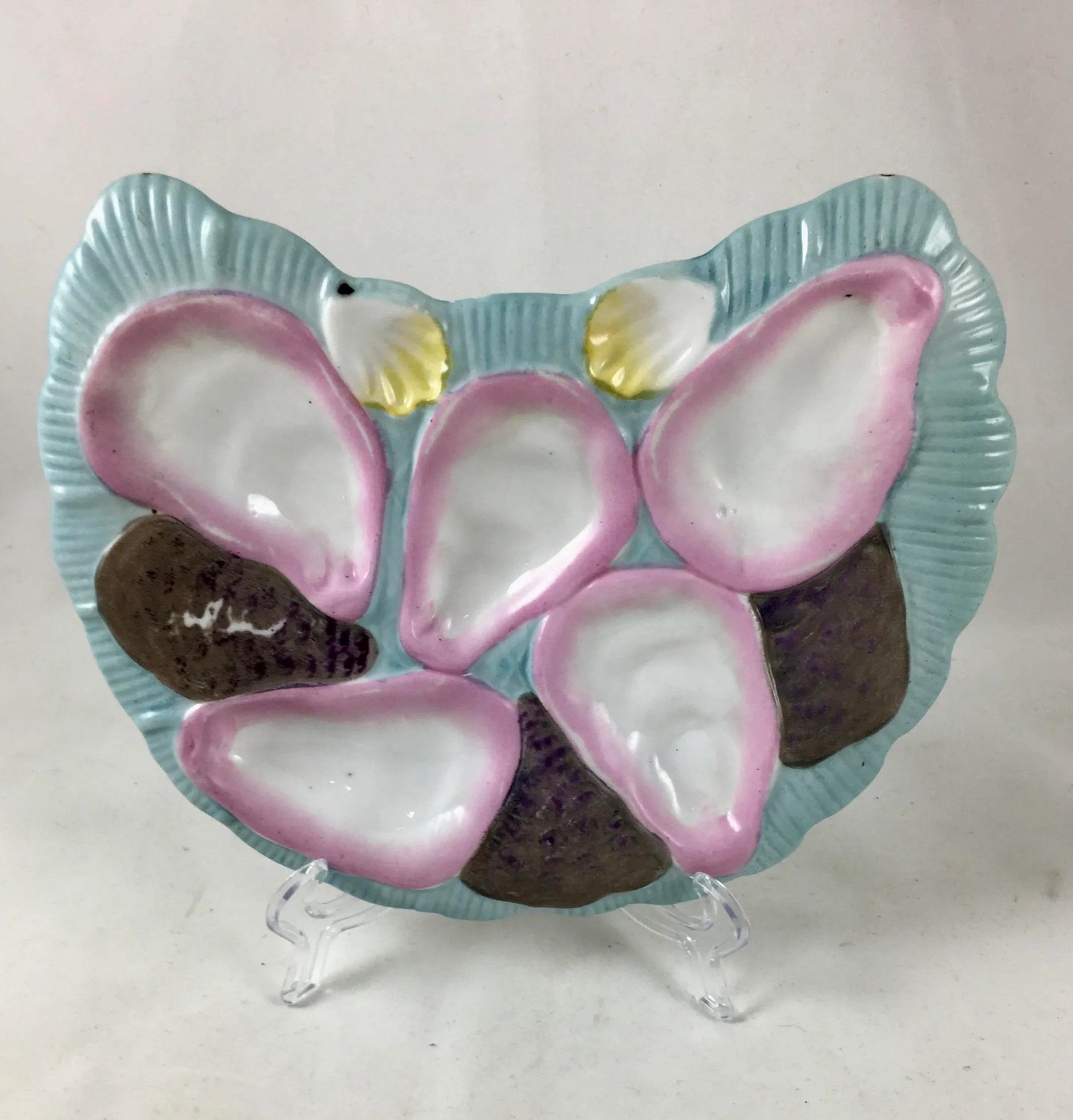 French Porcelain Half Moon Pink Shell on Baby Blue Oyster Plate - 8