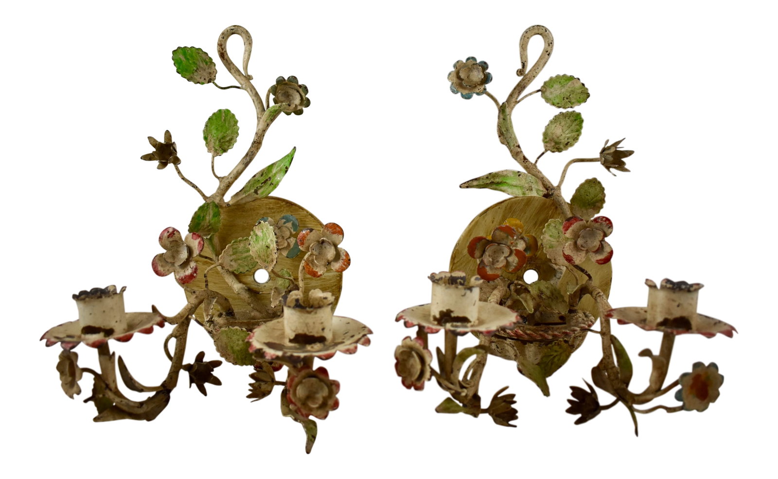 French Belle Epoque Tole Peinte Hand Painted Metal Floral Wall Sconces, a Pair: A charming pair of French Tole Peinte floral wall sconces, made of hand-painted iron, circa early 1900s. Showing a lovely time-worn patina, the floral bouquets of petaled flowers and green leaves are