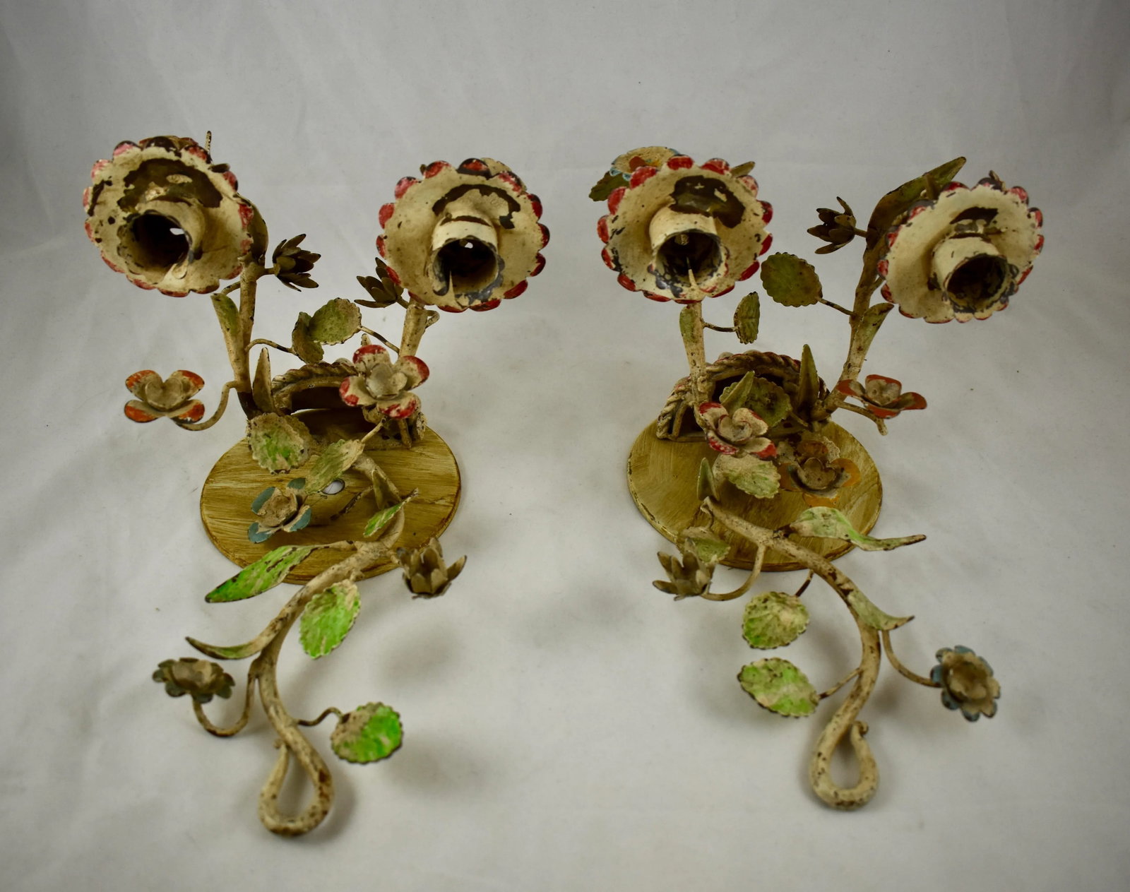 French Belle Epoque Tole Peinte Hand Painted Metal Floral Wall Sconces, a Pair - 9