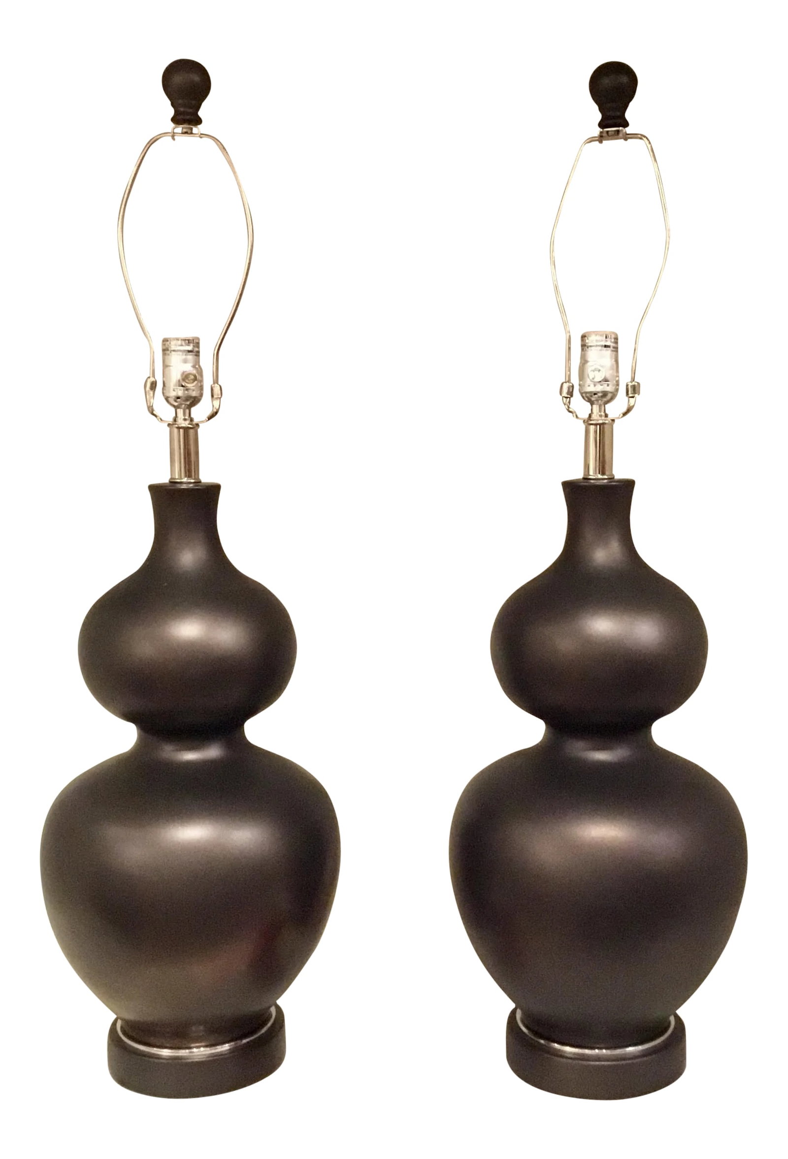 Modern Dark Metal Glaze Pair of Gourd Table Lamps: Stylish Modern Dark Metal Glaze Pair of Gourd Table Lamps, harps and matching finials, showroom floor samples Body Height: 22.5" Condition: Imperfections: Some Imperfections Condition Notes: Showroom