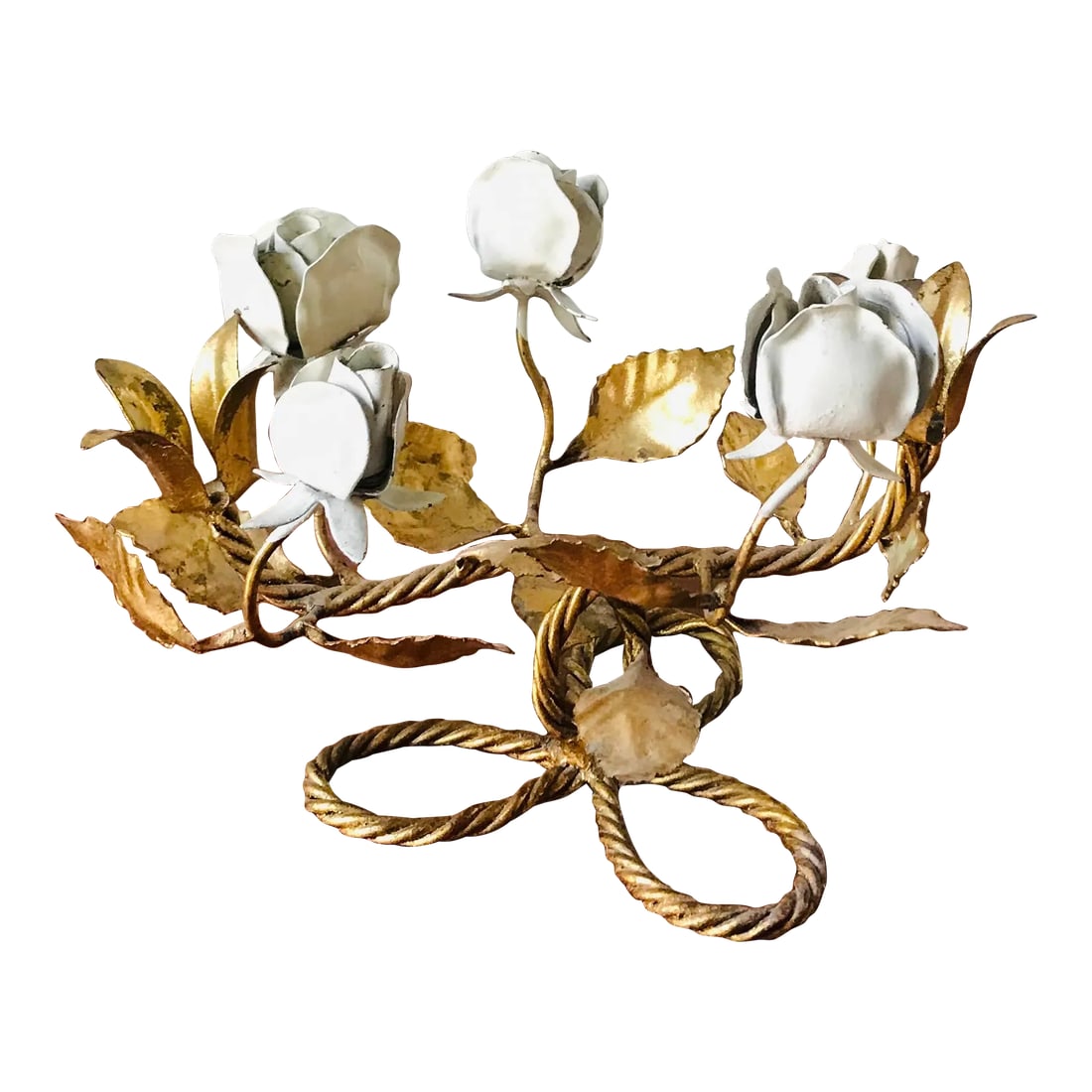 Vintage White Rose Gilt Metal Tole Candelabra From Italy: This beautiful candelabra, that we believe is from Italy, features white roses and cups to hold two candles. No makers mark. Condition: Alterations: Original Condition Unaltered Imperfections: Some Im