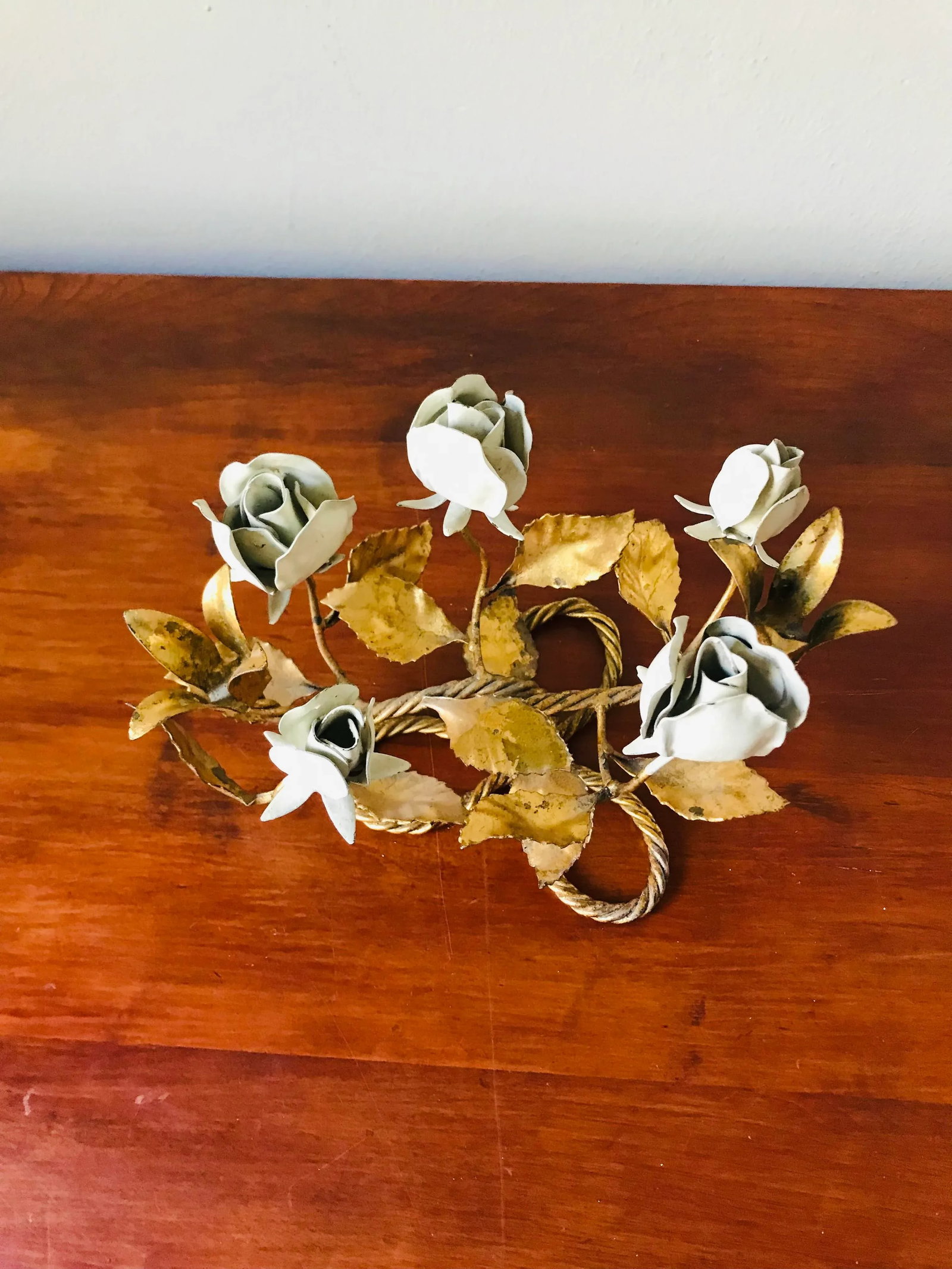 Vintage White Rose Gilt Metal Tole Candelabra From Italy - 2