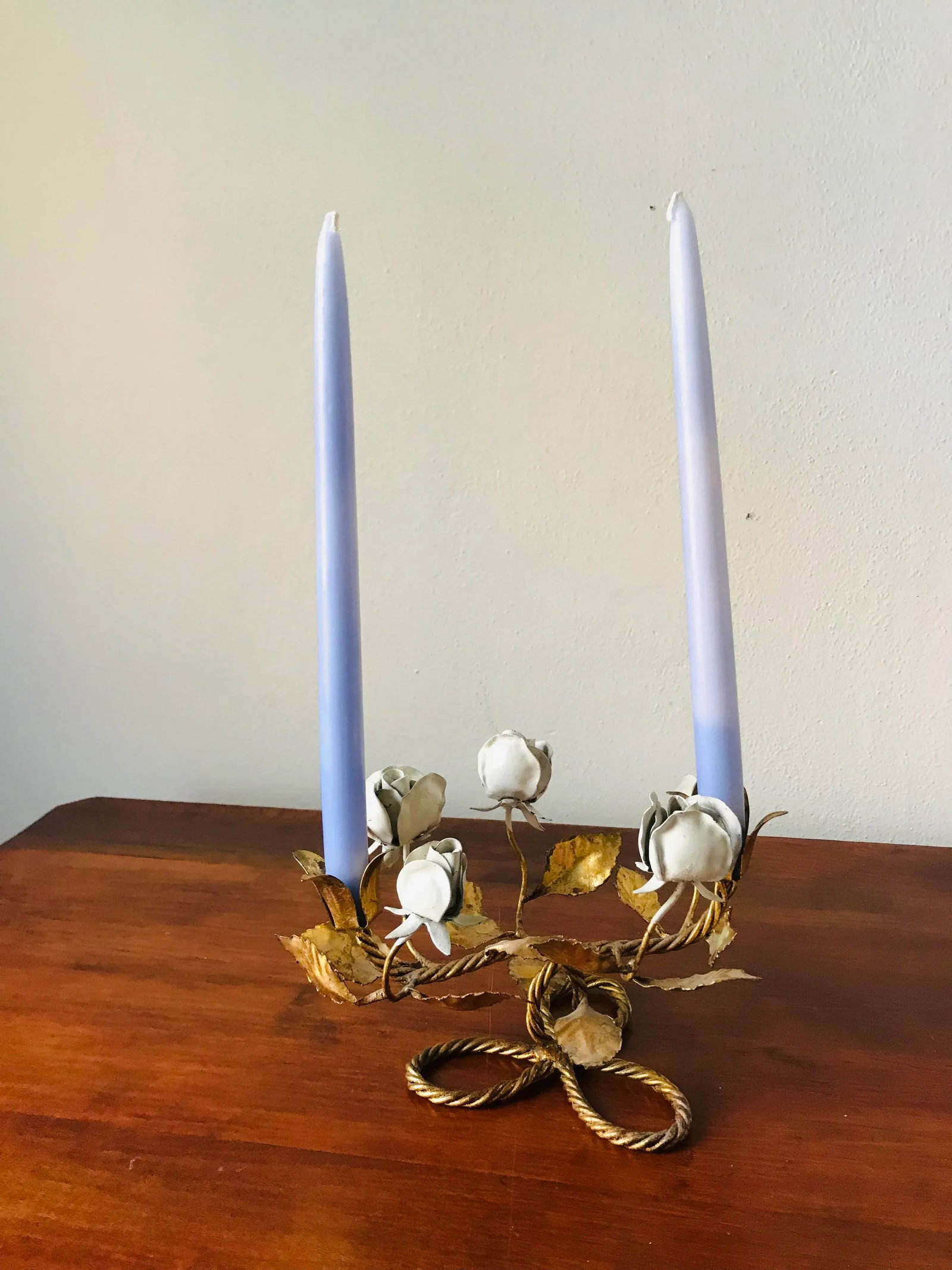 Vintage White Rose Gilt Metal Tole Candelabra From Italy - 3