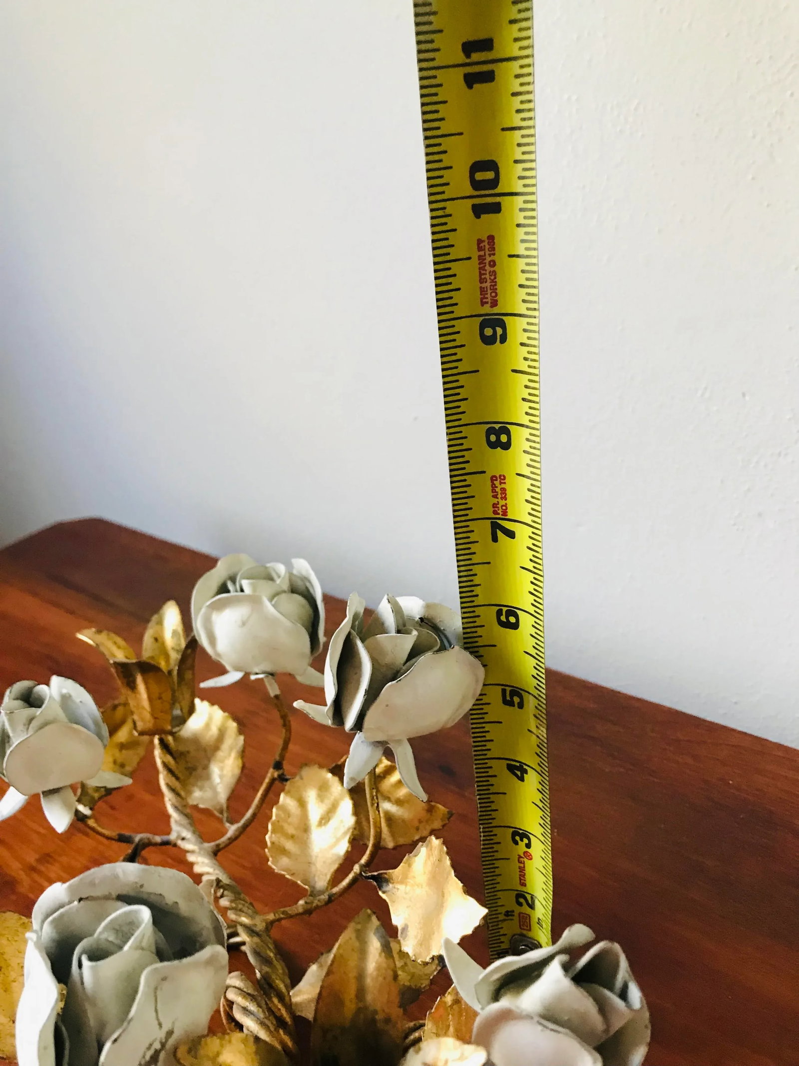 Vintage White Rose Gilt Metal Tole Candelabra From Italy - 6